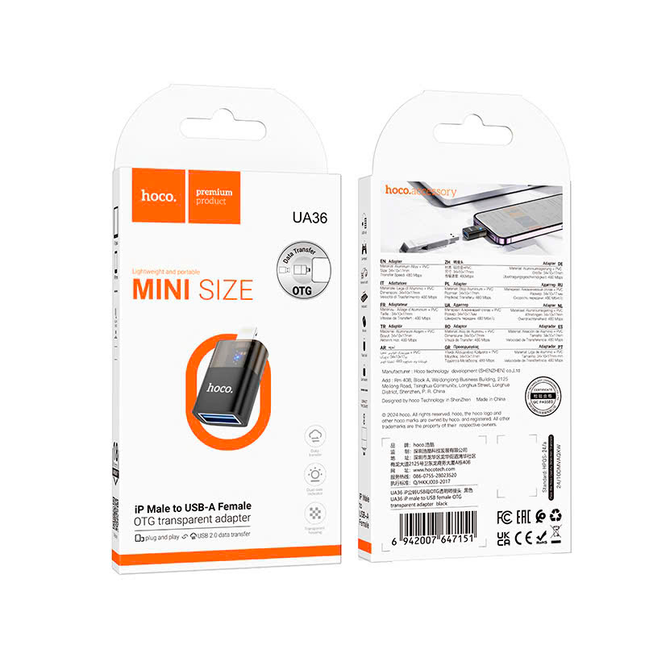 ADAPTADOR OTG HOCO UA36, HOCO UA36 Lightning a USB-A, adaptador Lightning a USB, OTG para iPhone y iPad, convertidor de datos 480 Mbps, accesorio USB de alta velocidad, adaptador HOCO original, conector USB-A para Lightning, transferencia de datos rápida, adaptador móvil multifunción,