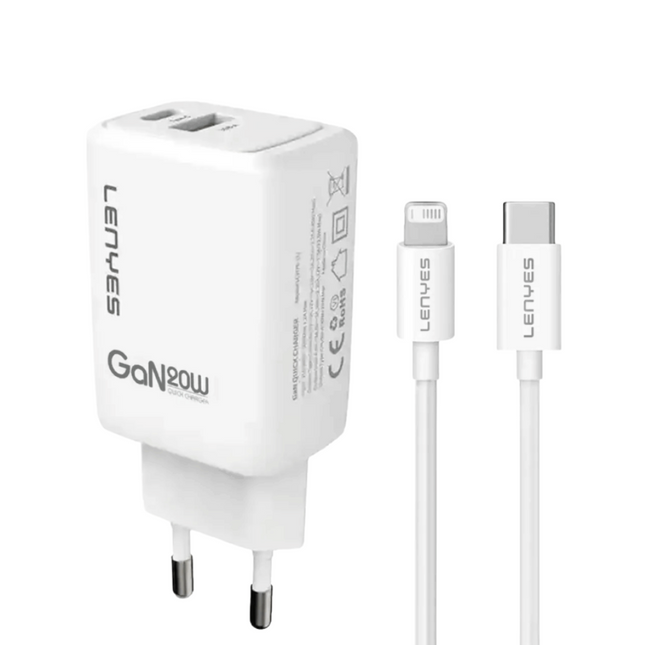 CARGADOR LENYES 20W GAN + CABLE LIGHTNING