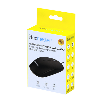 MOUSE OPTICO TECMASTER CABLEADO 4 BOTONES 800/1200/1600 DPI NEGRO
