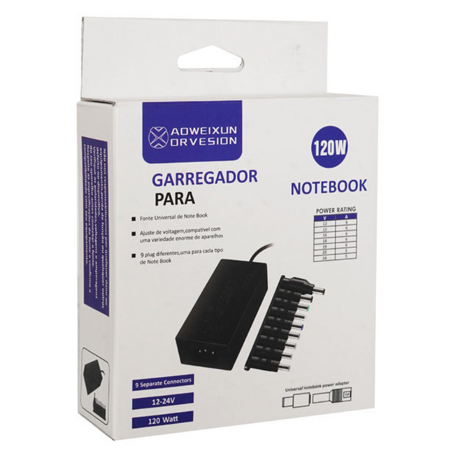 CARGADOR UNIVERSAL DE NOTEBOOK AJUSTABLE 9 CONECTORES 12-24V 120W