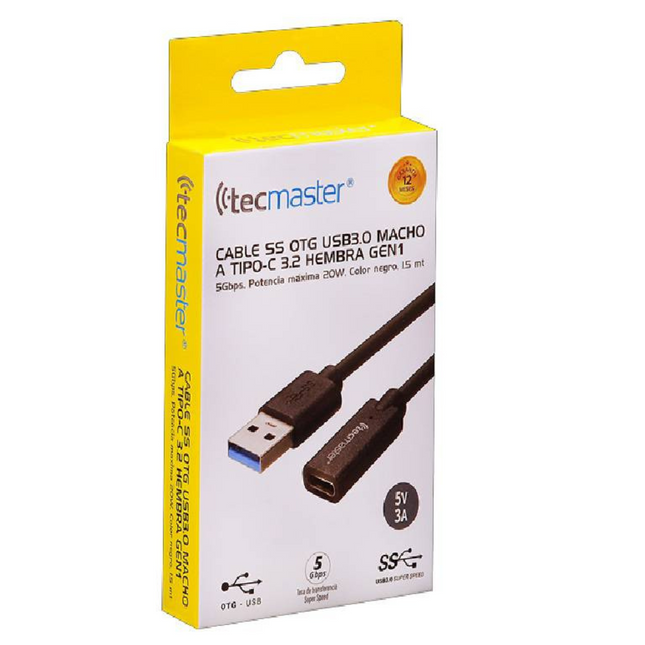 CABLE TECMASTER OTG USB 3.0 MACHO A TIPO-C 3.2 HEMBRA 5 GBPS 20W 1.5 MTS