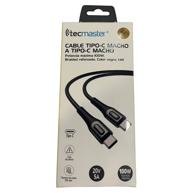 CABLE TECMASTER TIPO-C A TIPO-C REFORZADO HASTA 100W 1M