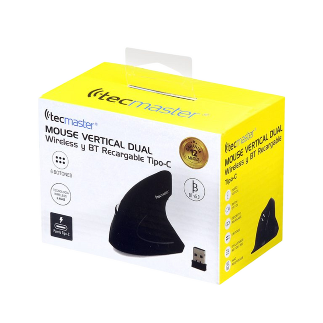 MOUSE VERTICAL TECMASTER DUAL WIRELESS Y BLUETOOTH RECARGABLE TIPO-C NEGRO