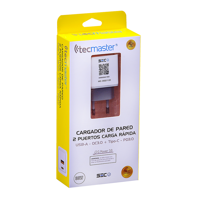 CARGADOR DE PARED TECMASTER 1 PUERTO TIPO-C 1 PUERTO USB A 30W