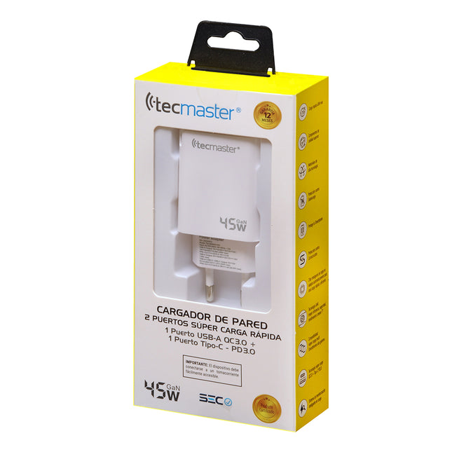 CARGADOR DE PARED TECMASTER 1 PUERTO TIPO-C 1 PUERTO USB A 45W