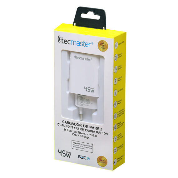 CARGADOR DE PARED TECMASTER 2 PUERTOS TIPO-C 45W