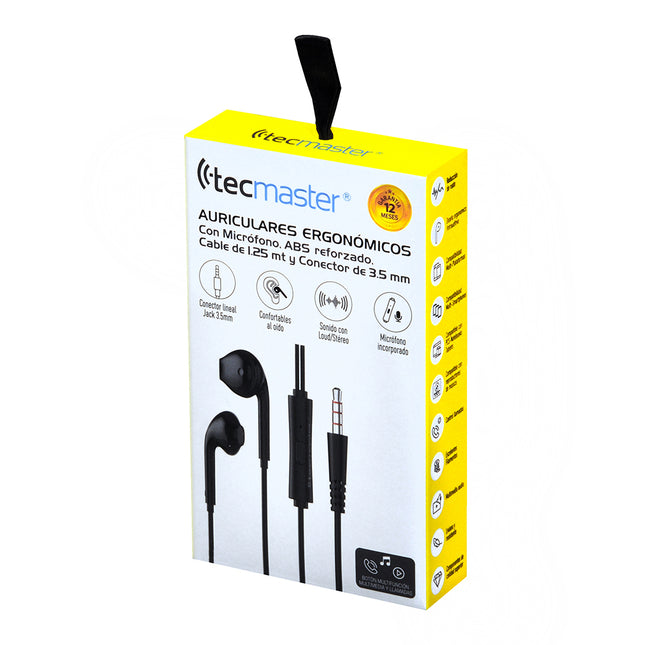 AUDIFONOS TECMASTER ERGONOMICOS INTRAUDITIVOS 1.25 MT 3.5MM NEGROS