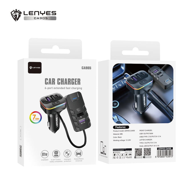 CARGADOR DE AUTO LENYES CA905 66W + HUB