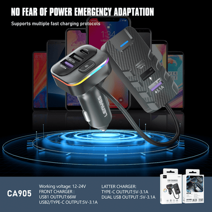 CARGADOR DE AUTO LENYES CA905 66W + HUB